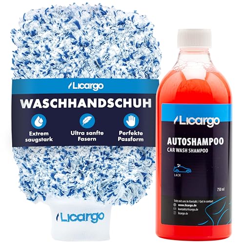 LICARGO® Handwäsche Bundle - Mikrofaser Autowaschhandschuh & Autoshampoo Konzentrat (750ml - entfernt hartnäckigen Schmutz gründlich - kein Angreifen von Versiegelungen
