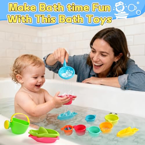 Bath Toys for 1 Year Old, Baby Bath Toys Caterpillar for 1 2 3 Year Olds Toddler Kids 13 PCS, Mould Free Water Play, Bathtub Stacking Cups Boats Swimming Pool Toys for Girls Boys Gifts Present - Image 3