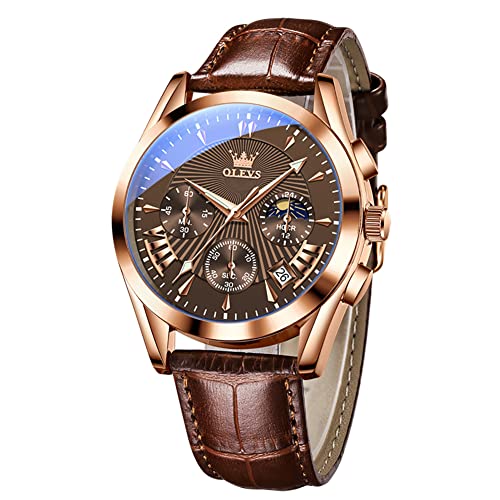 Olevs Mens Watches-Chronograph Fashion Casual Analog Quartz Watch Waterproof, Dress Luminous Wrist Watches With Leather Strap For Men Black/Brown/White/Blue Dial (Brown Band+Brown Face) #TOP25