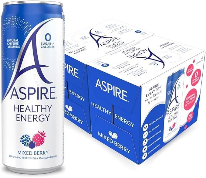 ASPIRE Healthy Energy Drink – 12 x 330ml Cans – Zero Calories & Zero Sugar – Natural Plant Based Caffeine & Multivitamins- Vegan & Gluten Free (Mixed Berry) | Sold by Bargain Hub