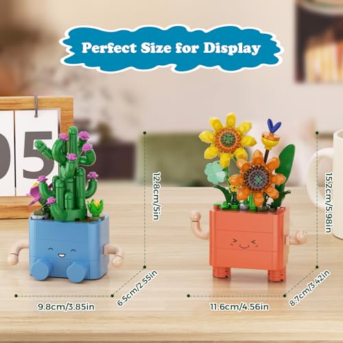 Image of 292 PCS Cute Plants Building Blocks Set, 2-in-1 Artificial Succulents Cactus & Sunflower Potted Flowers Building Toys, Creative DIY Floral Botanical Collection Gift for Adults & Kids Ages 6+