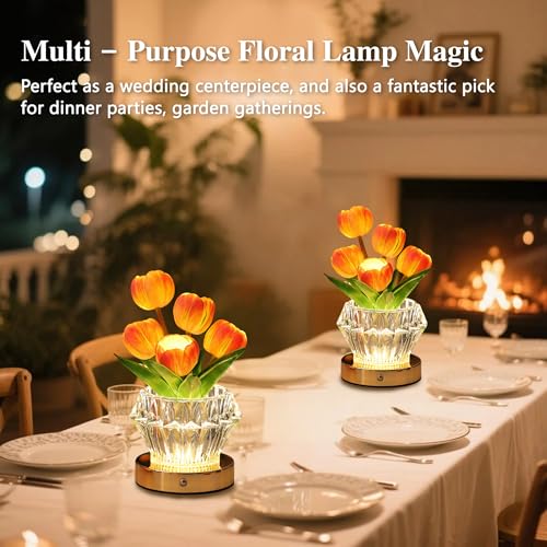 Image of Tulip Flower Lamp with Diamond Vase, 3 Color LED Night Light, Dimmable Touch Control, Artificial Floral Decor for Bedroom Bar Coffee Shop Wedding Birthday Gifts for Women Christmas Valentine Day