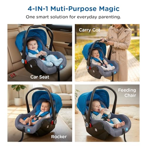 Image of Mee Mee 4-in-1 Infant /Baby Car Seat & Carry Cot with Canopy, Convertible to Car seat, Rocking Chair, Carry Cot & Feeding Chair, 0 to 15 Months | Weight Capacity Upto 13 Kg (Acid Blue)