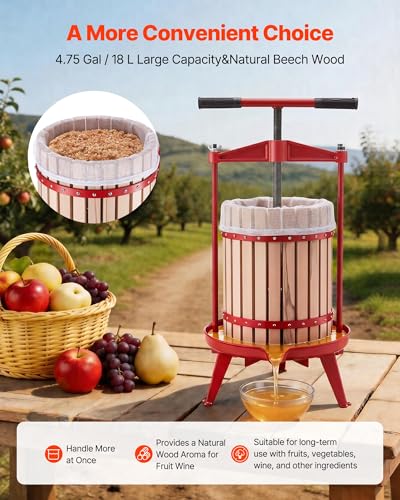 Image of VEVOR Fruit Wine Press, 4.75Gal /18L Manual Juice Maker, Solid Beech Wood Basket, Vintage Traditional Juicer with 2 Filter Bags, Heavy Duty T-Shaped Handle Bar for Cider Apple Grape Press, Kitchen Home