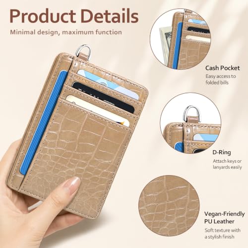 Image of Coco Rossi Crocodile Wallet Women Slim Credit Card Holder with Keychain | Luxury Wallets, Alligator Print, RFID Blocking, ID Case, Small Minimalist, Womens Girls Gift, Khaki Croc