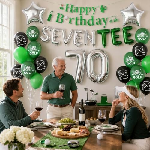 Image of 70th Birthday Decorations for Men,70th Golf Themed Party Decorations Gifts for Men Him with Golf Print Balloons,70 Number Balloons,Happy Birthday Banner,SEVEN-TEE Banner,70 Foil Balloons