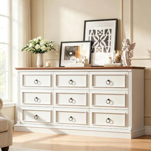Image of HUAHUU Farmhouse Dresser for Bedroom with 9 Drawers, 60 inch White Storage Chest of Drawers with with Roman Column, Wood Dresser for Living Room, Hallway