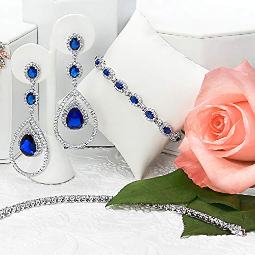 Bridal Cocktail Party Estate Vintage Style Statement Halo Oval Aaa Cz Simulated Blue Sapphire Bracelet For Women Prom Weddings .925 Sterling Silver Rhodium 7.5 Inch #TOP6
