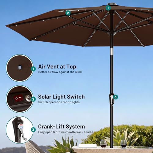 Image of AreShark 9FT Patio Umbrella with Solar Lights, 32 Lighted Pool Umbrella w /Tilt and Crank, Outdoor Market Solar Umbrellas for Garden, Deck, Backyard, Pool and Beach, Brown