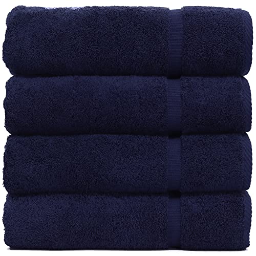 Image of BC BARE COTTON Luxury Hotel & Spa Towel Turkish Cotton Bath Towels - Navy Blue - Dobby Border - Set of 4