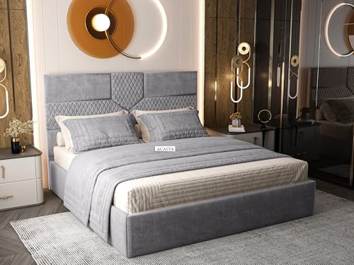 Image of Acacia Modern Upholstered King Size Bed with Box Storage for Bedroom | Wooden Double Bed with Storage | Platform Cot Bed with Upholstery Premium Fabric | 6.5 x 6 Ft | Sheesham Wood ()