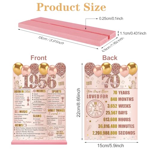 Image of Guiruiy Pink Rose Gold 70th Birthday Decorations for Women, Two-Sided Vintage 70 Back in 1956 Theme Poster Wooden Table Sign with Stand, Seventy Years Old Bday Centerpieces Holder for Table Decor