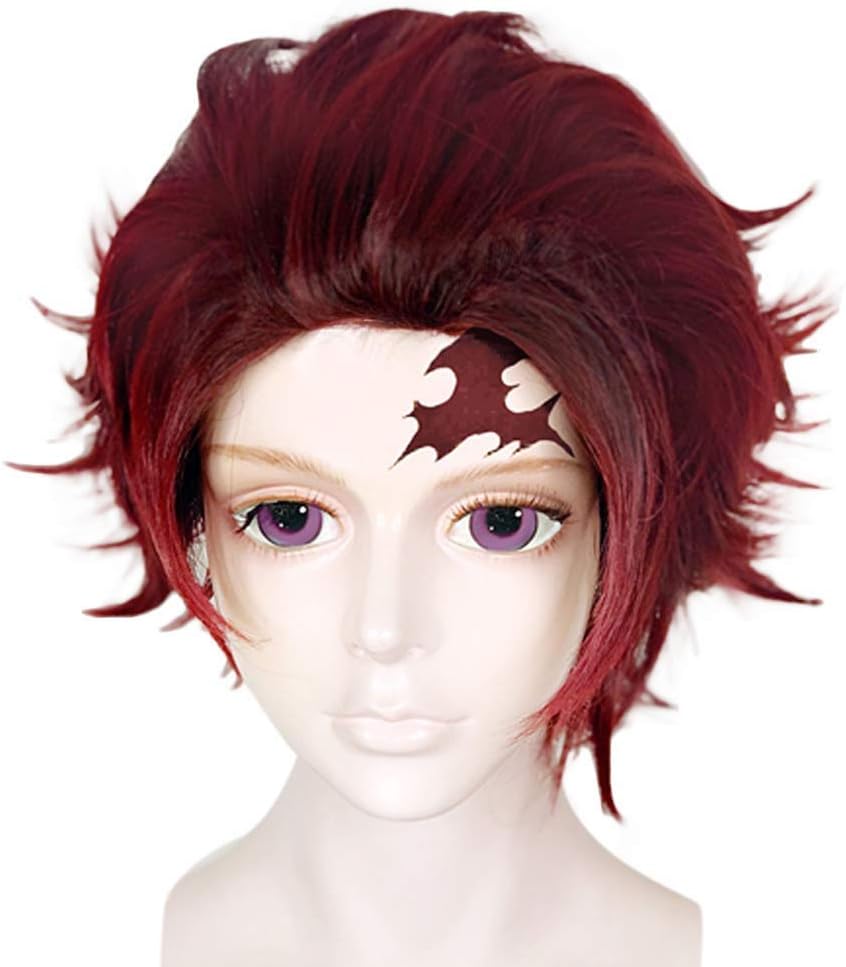 Anogol Wig Cap+{ a Pair Earrings } Black Layered Red Wigs for Men Short Wavy Synthetic Cosplay Anime Wig with Earring