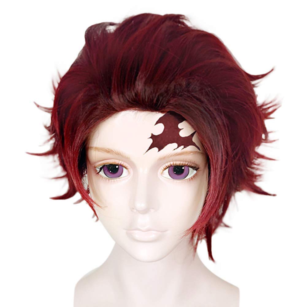Anogol Wig Cap+{ a Pair Earrings } Black Layered Red Wigs for Men Short Wavy Synthetic Cosplay Anime Wig with Earring