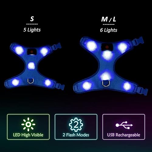 Miniatura 7 de Flashseen Arnés LED para perro, arnés para mascotas recargable por USB, chaleco reflectante iluminado, ajustable, suave acolchado, sin tirones, para