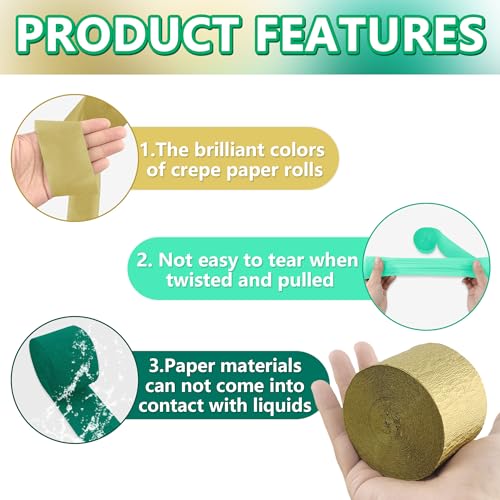 Oun Nana Flâmulas de papel crepe verde e dourado, 5,6 cm x 3,5 m por rolo de casamento para aniversá