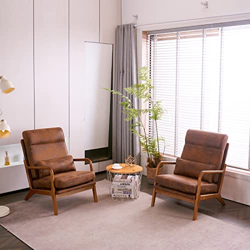 Image of Karl home Accent Chair High Back Mid-Century Modern, Brown | Bronzing Cloth Upholstered, Walnut Color Solid Rubber Wood Frame, Soft Cushion with Pillow, For Living Room, Bedroom, Balcony
