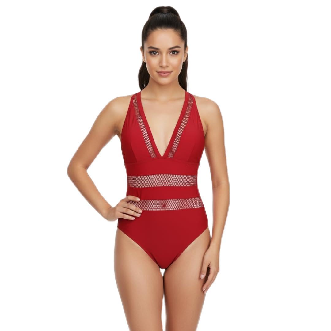 pleasing strings 1pc Women Padded Wireless Deep V Neck Swimsuit-picture-12