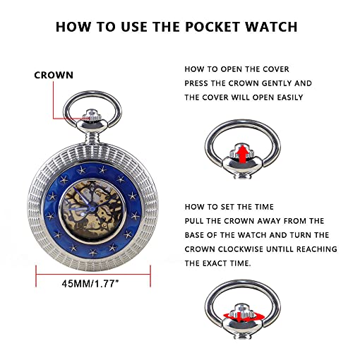 Image of Classic Silver Mechanical Pocket Watch, Roman Numerals Silver Pocket Watch with Chain Box for Men