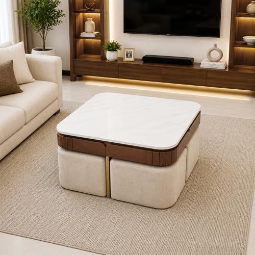 Image of The Attic Carlston Coffee Table for Living Room, Solid Wood Centre Table with Ceramic Top, Tobacco Brown Finish