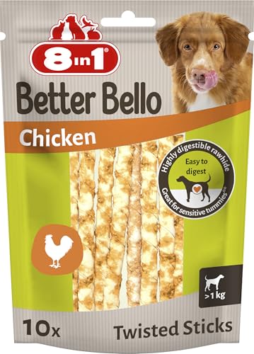 8in1 Better Bello Chicken Twisted Sticks - Bastoncini da masticare facilmente digeribili per cani con pollo, masticativi per cani con stomaco sensibile, sachetto da 60 g (10 pezzi)