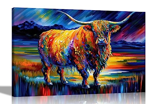 Artley Prints - Beautiful Highland Cow Modern Abstract Canvas Pictures for Living Room, Bedroom, Hallway, Kitchen - Colourful Prints Extra Large 101 x 76cm (40 x 30 inches)