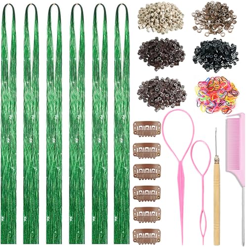 Hair Tinsel with Tools 48 Inch Fairy Hair Tinsel Kit Extensions 1800 Heat Resistant Holographic Glitter Strands for St. Patricks Party Festival Party Cosplay Hair Accessories for Girls (Green)