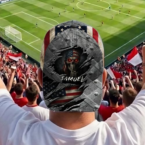 Image of Skull Baseball Cap for Men, Grim Reaper Death Crack Old Metal with Flag, Men's Hat, Adjustable Motorcycle Soft Caps