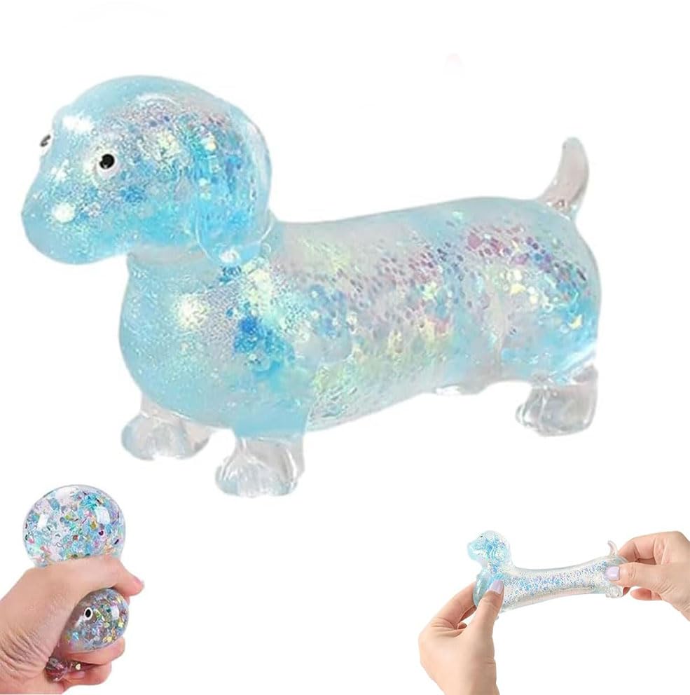 Dachshund Squishie, Dachshund Stress Toy Glitter Sausage Dog Fidget Squeeze Soft Antistress Sensory Squishy Flexible Calming for Kids & Adults, Mini Rainbow Sausage Dog (blue)