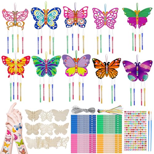 SRIZIAN 10 Stück Windspiel Bastelset Kinder, Holz Basteln Windspiele für Kinder Mädchen Junge Geburtstagsfeier Dekoration DIY Kinderspielzeug- Schmetterling