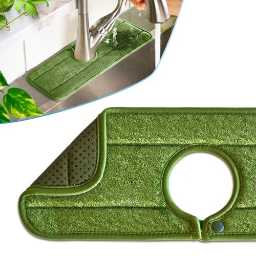 Ternal Original SINKMAT 15in Faucet Splash Guard Extra Long Microfiber Sink Drip Catcher Mat Non Slip Countertop Protector Drying Pad Kitchen Bathroom RV Machine Washable [Moss Green]