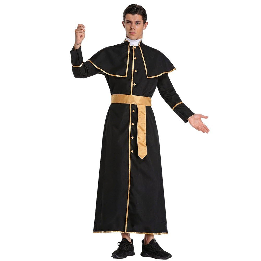 Costume Prete Uomo, Abito Classico Cattolico Nero con Scialle, Abito Clero, Costume Vicario per Halloween.