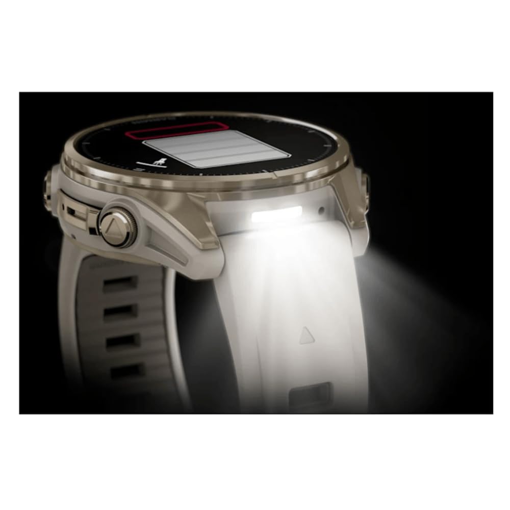 Garmin Fenix 8–43 mm, AMOLED, Saphir, weiches Gold mit Nebelgrau/Dunkelsandstein, Silikonband