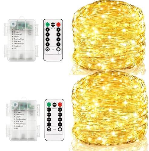 CCILAND 2 Stück Lichterkette Batterie, Gesamt 12M 120 LED Lichterketten mit Fernbedienung und Timer, Akku Lichterkette Draht Wasserdicht für Innen Außen Weihnachten Hochzeit Deko (Warmweiß)