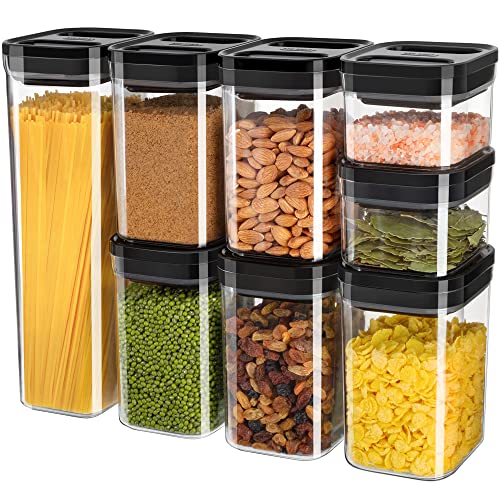 Mr.siga 8 Piece Airtight Food Storage Container Set, Bpa Free Kitchen Pantry Organization Canisters, One-Handed Airtight Plastic Containers With Lids For Cereal, Spaghetti, Pasta, Black #TOP18