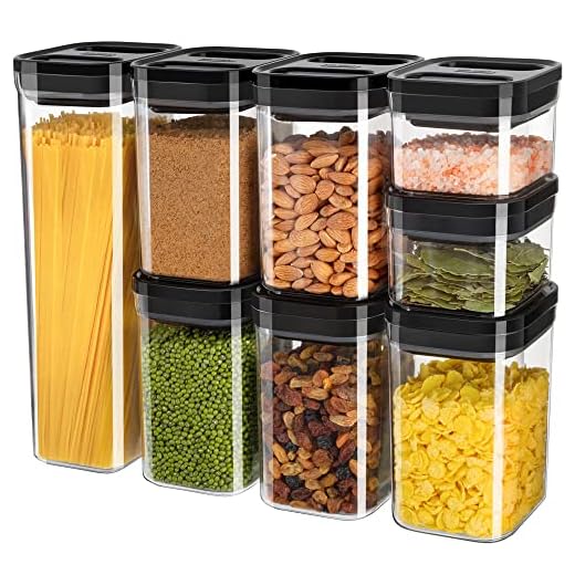 MR.SIGA Conjunto de recipientes herméticos de armazenamento de alimentos com 8 peças, recipientes de organização de despensa de cozinha sem BPA, recipientes de plástico herméticos com uma mão com tampas para cereais, espaguete, macarrão, preto