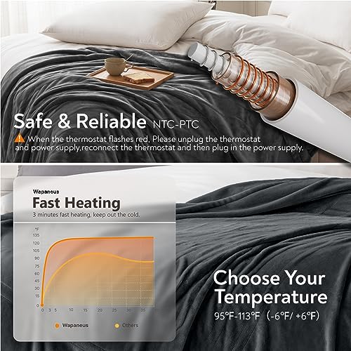Image of Wapaneus Foot Pocket Heated Blanket Electric Throw with 10 Heating Levels and Auto Shut Off, Flannel Fast-Heating Heated Throw 50 inch x 60 inch, Machine Washable, Dark Grey