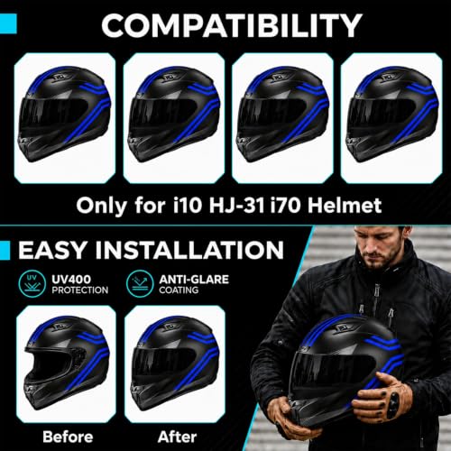 Image of PSLER Shatterproof Helmet Visor for i10 HJ-31 i70,Dark Black | Impact-Resistant ,UV400 Protection, Motorcycle Tinted Face Shield for i10 HJ-31 i70 ,Visor Replacement