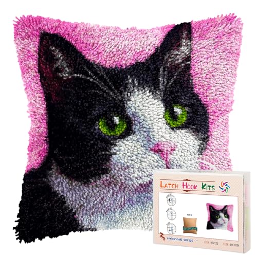 DIY Latch Hook Pillow Kits Black and White Cat with Green Eyes Printed Pillowcase Crochet Yarns Hooking Handmade Pillow Cover Cushion for Home Sofa Decoration 17x17inch-1