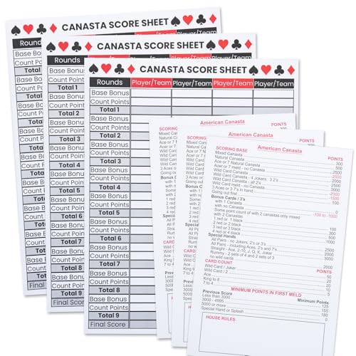 Hojas de puntuación para American Canasta con formato grande y 3 guías de consulta