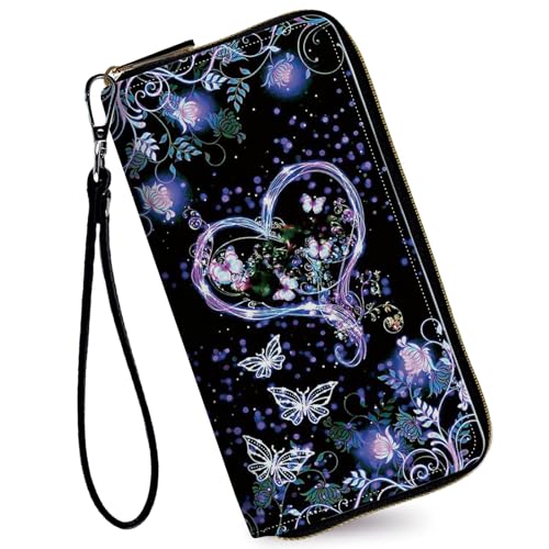Image of Women's Wallets,Credit Card Holder Money Leather Long Wallet with Wristlet,Large Capacity with Zip-Around Phone Purse for Women Ladies Girls,Purple Butterfly Flower