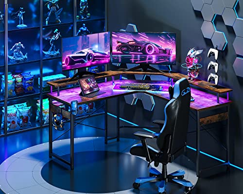 Odk L Shaped Gaming Desk With Led Lights & Power Outlets, 51" Computer Desk With Full Monitor Stand, Corner Desk With Cup Holder, Gaming Table With Hooks, Vintage #TOP4