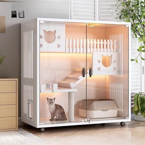 Emidor 大型猫ケージ、猫ケージ、3層、ペットに最適、猫ドア付き、木製、掃除が簡単、脱走防止、屋内使用、取り付け簡単、幅広、キャスター付き(強化ガラス、120 * 120 * 60 cm、ホワイト) (B)