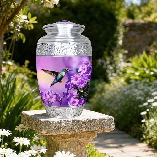 M MEILINXU Urn for Ashes for Women & Man, Cremation Urns for Human Ashes Adult Female & Male, Funeral Decorative, Engraving Urn, Purple Flower and Hummingbird - Large Full Size