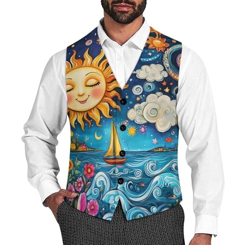 Sun And Moon Face Men's Suit Vests Dress Vest V-Neck Waistcoat Slim Business Formal with Pocket