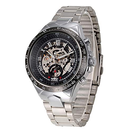 Preisvergleich Produktbild Jinqian Herren Uhren Automatische Mechanische Armbanduhr Skeleton Tourbillon Uhr Armbanduhr für MensLässig Classic Edelstahl Fall Einzigartige Mechanische Skelett Business Uhr (Schwarz - Silber)