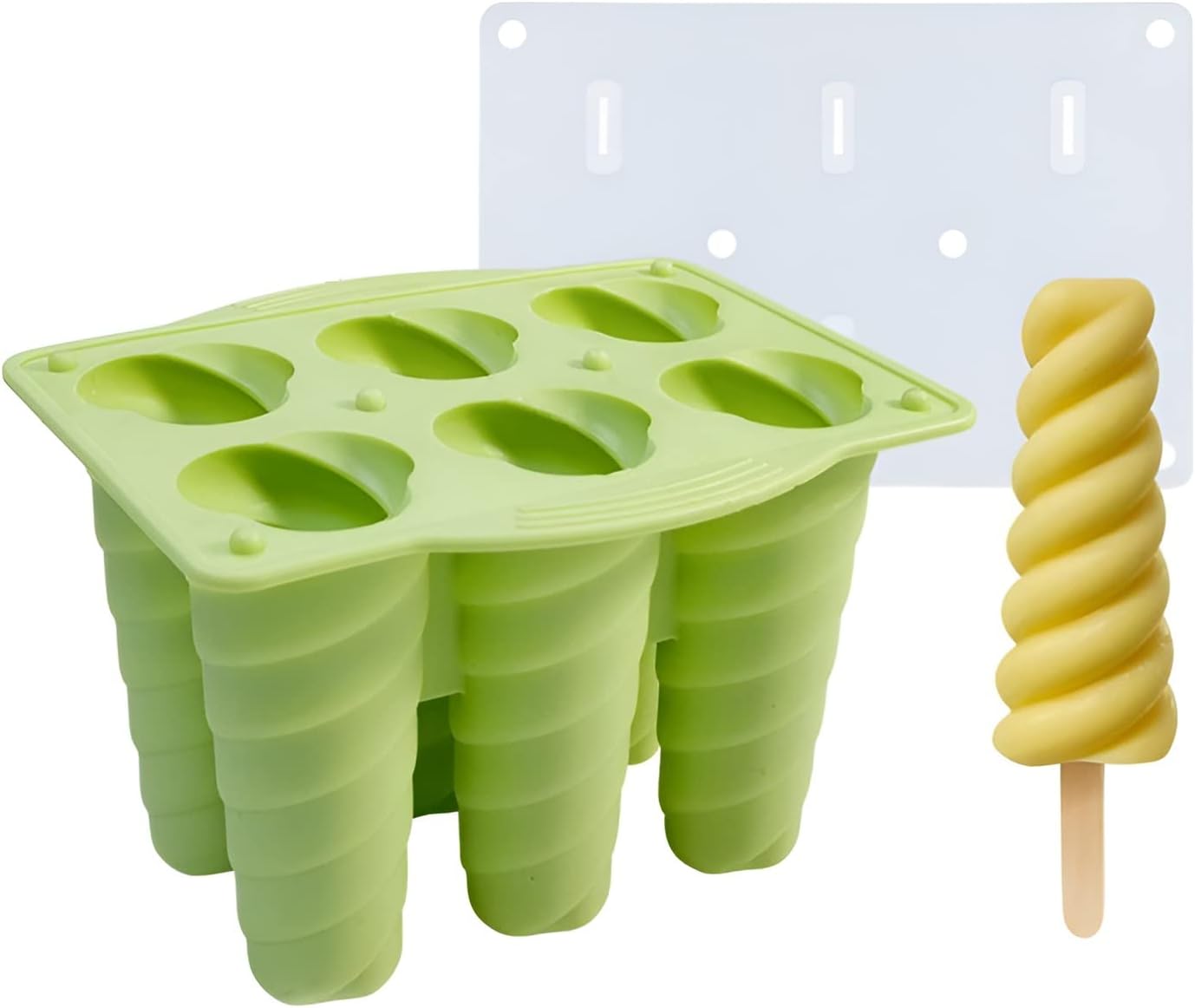 McMola Ice Popsicle Moulds, Ice Cream Molds with 6 Cavities, FDA Certified Food Grade Silicone Ice Lolly Moulds, Reusable-Easy to Release-Popsicle Moulds(Green Spiral)