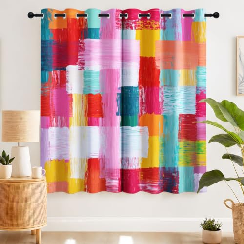 100% Blackout Curtains Checkered Brush Stroke Abstract Colour Block Pattern Machine Washable with Grommets, Two Panels for Living Room Window 52" W x 63" L (2 Paneles),Lively Artistic