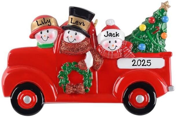 Adorno de Navidad personalizado con muñeco de nieve de familia de 3 en color rojo pickup 2023  Camión rojo vintage con adorno colgante en el árbol
