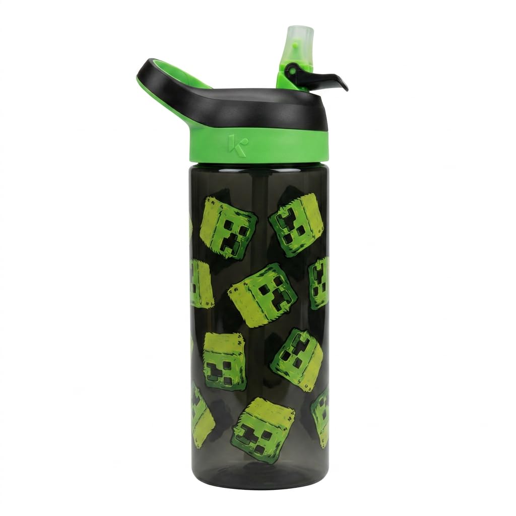 HOX Minecraft Creeper 600ml Water Bottle School Drinks Bottle + Removable straw, Leak Proof Durable Plastic - Gift for Minecraft Gamer - Official Merchandise, Black